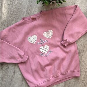 Vintage Lady Footlocker Pink Fleece Sweatshirt Cottagecore Floral Medium